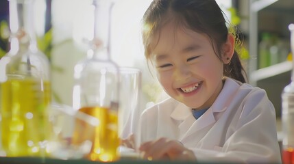 Fototapete - Happy young scientist kid girl in lab coats using lab equipment for study in school laboratory Asian female teacher teaching schoolgirl child to do science experiments Kid learning sci : Generative AI