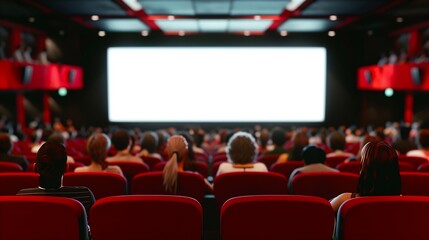 Aufkleber - Cinema blank screen and people in red chairs in the cinema hall Blurred People silhouettes watching movie performance : Generative AI