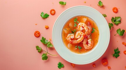 Poster - A bowl of gourmet shrimp soup garnished with herbs and vegetables on a pastel background. This food photo is perfect for culinary blogs and recipe sites. Vibrant and appetizing image. AI