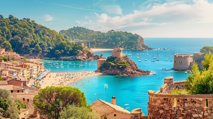 Wall Mural - Tossa de Mar town on Costa Brava Mediterranean coast in Catalonia Spain Beautiful beach with turquoise color water and Tossa de Mar fortress during summer in Catalonia : Generative AI