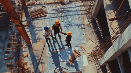 Poster - Top down aerial view of architect engineer team shake hands and discussing about building construction Group of diverse people working together to plan and design by using blueprint Al : Generative AI