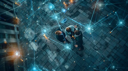 Poster - Top down aerial view of skilled business team listening manager present global networking system while giving a high five to encourage or motivate team Hologram of internet connection  : Generative AI