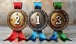 © BOTAHRY DEX - Gold, silver and bronze medals, sport athlete winners award with ribbons isolated on white transparent.