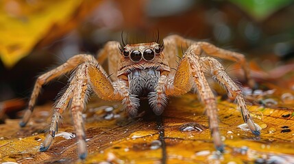 Sticker - Macro Photography of a Jumping Spider on a Wet Leaf