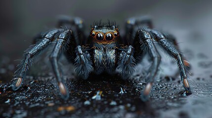 Sticker - Macro Photography of a Black Jumping Spider with Orange Stripes on a Wet Surface Illustration