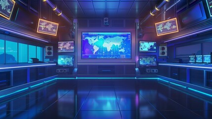 Aufkleber - High-tech control room with global maps and multiple screens displaying data. Futuristic interior with neon lighting. Ideal for cybersecurity, data analysis