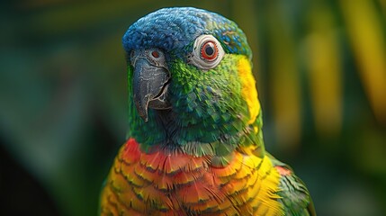 Canvas Print - Close-Up Portrait of a Colorful Parrot with Blue, Green, Yellow, and Red Feathers - Photo