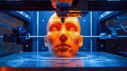 Leinwandbilder - 3D printer at work 3d printer prints head advertising photo blue and orange light High quality photo : Generative AI