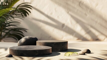 Poster - Black geometric stone background display podium for product  mockups  3d trade show display advertising on sandy background blurred natural bokeh luxury modern luxury Business for cosm : Generative AI