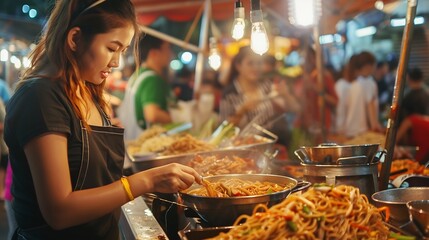 Asian woman enjoy eating noodles street food at night market Traveler Asian blogger women Happy tourists Beautiful female with Traditional thailand bangkok food : Generative AI