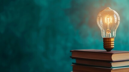 Aufkleber - Light bulb glowing on stack of books against teal background, education and knowledge concept