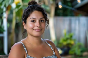 Wall Mural - attractive average real young hispanic housewife posing at her home backyard