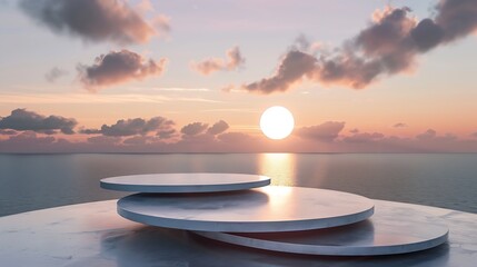 Poster - 3d render of abstract metal podium product and promotion concept for advertising sunset natural back