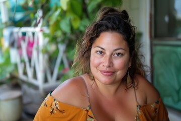 Wall Mural - Voluptuous chubby hispanic housewife posing at her home backyard