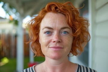 Wall Mural - Smiling chubby ginger haired housewife posing at her home backyard looking at the camera