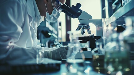 Poster - Scientist analyze biochemical samples in advanced scientific laboratory Medical professional use microscope look microbiological developmental of viral Biotechnology research in scienc : Generative AI