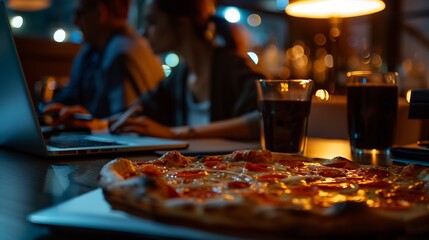 Aufkleber - Business meeting laptop and people for design at night in office creative agency and overtime food for project Teamwork support and problem solving in pizza planning for deadline and d : Generative AI