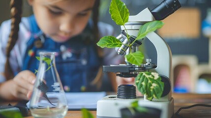 Aufkleber - Learning students and children in classroom for microscope teacher and science for experiment of plants Container sample and observation of nature growth and development of kids with e : Generative AI