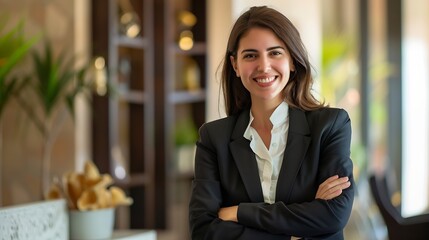 Fototapete - Smile crossed arms and portrait of business woman in office with company pride confidence and ambition Corporate lawyer professional and person in law agency for legal consulting job a : Generative AI