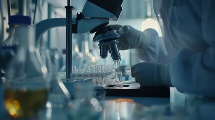 Fototapete - Scientist working in laboratory using micropipette Mixing liquid chemicals with genetically modified samples under a biotechnology microscope Development of microbiology research exper : Generative AI