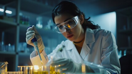 Fototapete - Life scientists researching in laboratory Focused female life science professional pipetting solution into the glass cuvette Healthcare and biotechnology concept : Generative AI