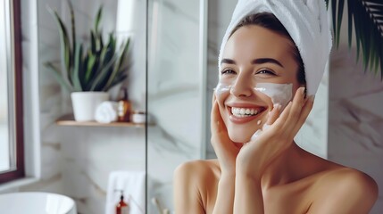 A happy beautiful woman is pampering her skin in the bathroom focusing on skin care routine and beauty : Generative AI