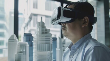 Leinwandbilder - Asian man Architect or Engineer wearing VR headset for working design 3D architectural building model with BIM technology and virtual reality technology Concept futuristic design : Generative AI