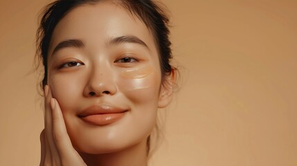 Wall Mural - Skincare Woman with beautiful face touching healthy facial skin portrait Beautiful smiling Asian girl model with natural makeup enjoys glowing hydrated skin on beige background closeup : Generative AI