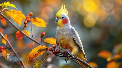 Canvas Print - Cockatiel Bird Perched on Branch with Autumn Leaves - Illustration