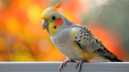 Poster - Cockatiel Parrot Bird Perched on a Railing with a Blurred Background Photo