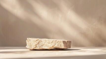 Beige concept product display podium Rock Stone with blurred background with sunlight shadow : Generative AI