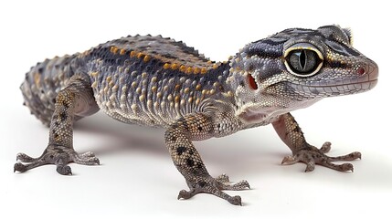 Sticker - Close-Up Photograph of a Gray and Black Gecko with Orange Spots, Walking on a White Background