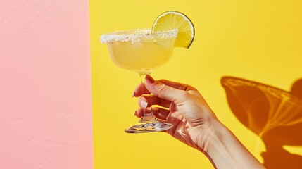 Poster - Female hand taking glass of delicious margarita cocktail isolated over pink yellow background Concept of cocktails alcoholic drinks taste party mix Copy space for ad Retro style : Generative AI
