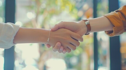 Fototapete - Shaking hands agreement and deal in meeting for architecture people and negotiation for business contract Greeting success and together for hiring at engineering company with collabora : Generative AI