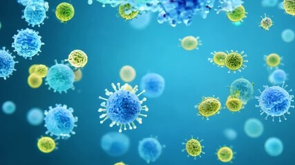 Fototapete - A close-up view of a cell containing various viruses and bacteria in a liquid medium.