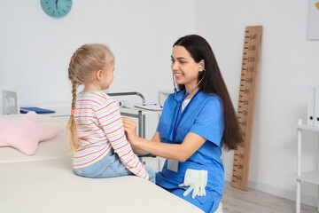 Poster - Female pediatrician with stethoscope listening to little girl in clinic