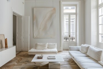 Wall Mural - Luxury living room interior with white walls, wooden floor, white sofa and bookcase.