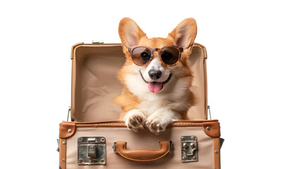 Fun Corgi puppy dog with sunglasses sitting in a suitcase isolated on transparent background, summer travel with a pet concept