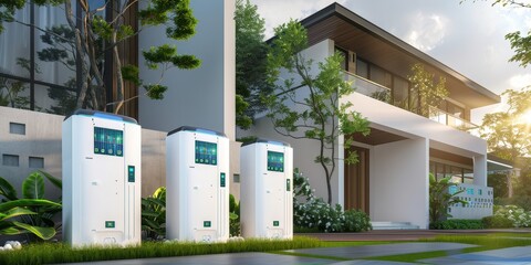 Aufkleber - Modern electric vehicle charging stations in a green outdoor setting, showcasing sustainable and eco-friendly technology for residential areas, promoting renewable energy