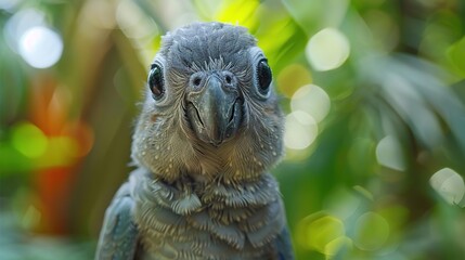 Poster - Close-up Photo of a Grey Parrot with Green Bokeh Background