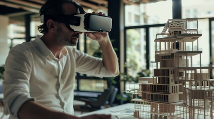 Leinwandbilder - Architect man and virtual reality architecture model construction and building with future technology and UX VR goggles design and engineering metaverse and simulation of property deve : Generative AI