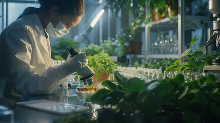 Poster - Female science biology laboratory worker using pipette test tubes microscope in sustainability plants research to experiment with the development of antiaging medicine and vitamins : Generative AI