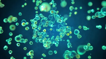 Fototapete - A microscopic view of bacteria and cells in suspension. The bacteria are purple and the cells are green and yellow. The background is dark blue.
