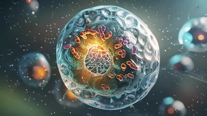 Poster - A highresolution image of a hormonesecreting endocrine cell with a detailed view of its nucleus and secretory granules.