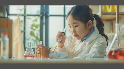 Fototapete - Happy young scientist kid girl in lab coats using lab equipment for study in school laboratory Asian female teacher teaching schoolgirl child to do science experiments Kid learning sci : Generative AI
