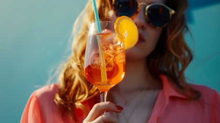 Poster - Woman drinking iced summer cocktail aperol spritz : Generative AI