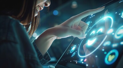 Poster - Businesswoman pressing face emoticon on virtual touch screen at digital tablet Customer service evaluation concept : Generative AI