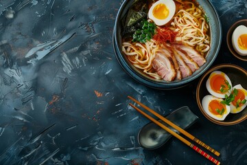 Poster - Asian style ramen soup with meat broth noodles seaweed pork eggs and ginger on a dark concrete background A delicious hot dinner option