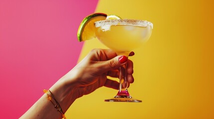Poster - Female hand taking glass of delicious margarita cocktail isolated over pink yellow background Concept of cocktails alcoholic drinks taste party mix Copy space for ad Retro style : Generative AI