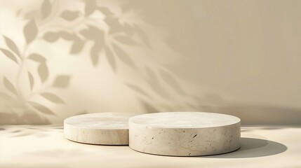 Fototapete - Stone Podium for promotion on beige Background Natural pedestal Two stone podiums with floral shadow Beauty product mockup Scene to show products Showcase display case Front View : Generative AI